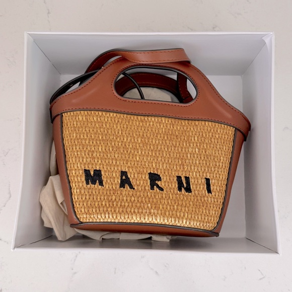 Marni Tropicalia Micro Bag in brown leather and raffia-effect fabric - Picture 8 of 9